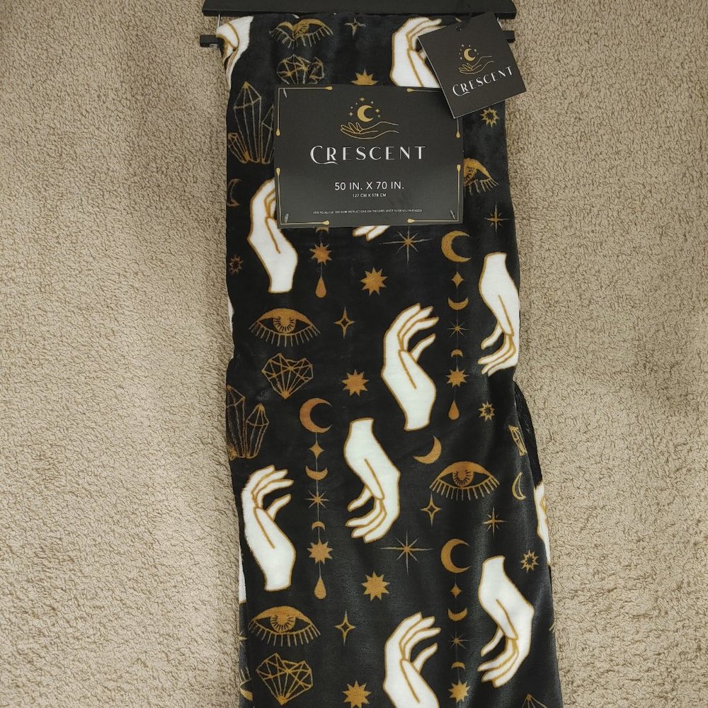 Black and gold throw blanket ouija crystals tarot celestial Halloween goth